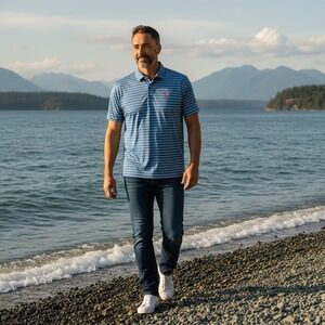 Onward Reserve Mens Blue Striped Performance Polo Shirt American Flag Size M